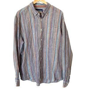32 BAR BLUES Men's 100% Linen Multi-Colorful Striped Button Up Shirt, X-Large